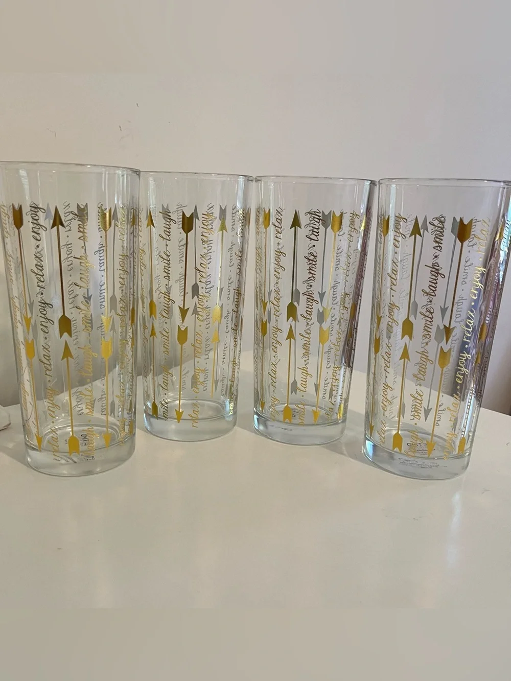 Vtg TMD HOLDINGS Gold Arrows High Ball Glasses Set Of 4 Smile Laugh, Enjoy Relax